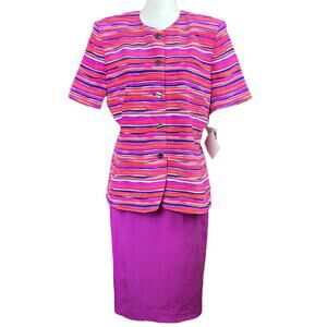 Silks by Joan Leslie 2 Piece Skirt Suit Pink Striped 100% Silk Office Button Up